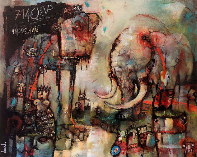 Loic Tarin Doud - Paleolitic Selfie Watercolour Canvas Animals