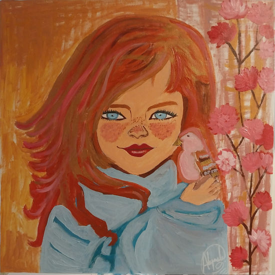 Niña pelirroja con pajarito Acrílico Lienzo Retrato