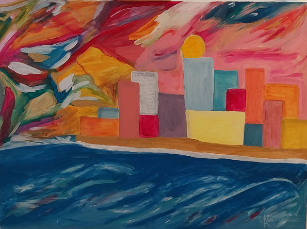 Mar , pueblo y cielo colorido Acrílico Lienzo Marina