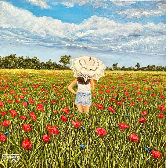 El paseo de las amapolas Óleo Lienzo Floral