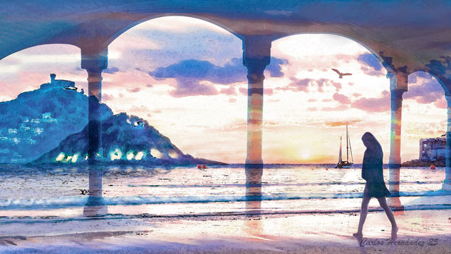 Atardecer en la playa de La Concha en San Sebastián Travel Color (Digital)