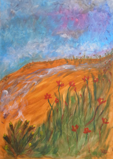 Riachuelo de Flores Rojas Óleo Lienzo Paisaje