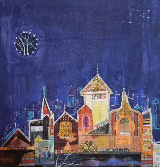 Ciudad en azul Media Mixta Lienzo Paisaje