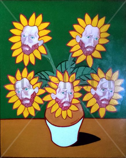 "SUNFLOWERS ON A GREEN  WALL" Oil Panel Floral Painting