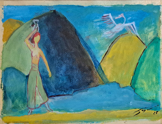 Muchacha junto al lago y pajaro Watercolour Paper Figure Painting