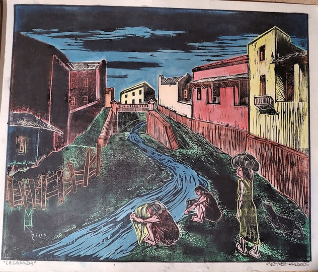 "La Cañada" Xilografia pintada al oleo