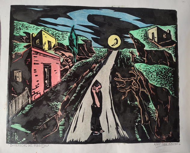 "Barracas del Abrajal" Xilografia pintada al oleo