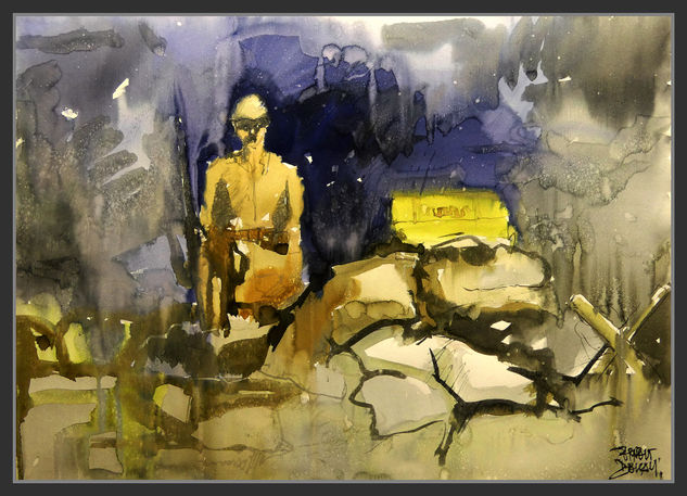 TRINCHERAS-BATALLA DEL ERO-ARTE-PINTURA-MUSEO-FAYON-GUARDIA-SACOS-TIERRA-ALAMBRADAS-CAJAS-MUNICIONES-ACUARELAS-ARTISTA-PINTOR-ERNEST DESCALS Acuarela Papel Figura