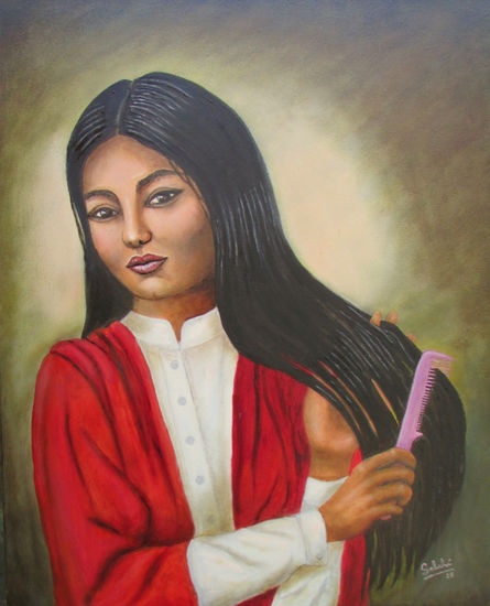 Aimara peinándose. Oil Canvas Figure Painting