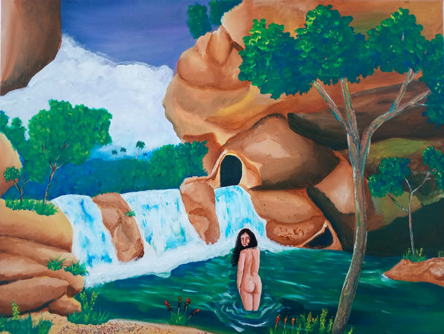 Mujer desnuda en el río Acrylic Canvas Landscaping