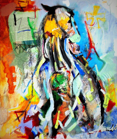 El caballo saltando con bandera ginete por San Juan. Mixed media Textile Animals