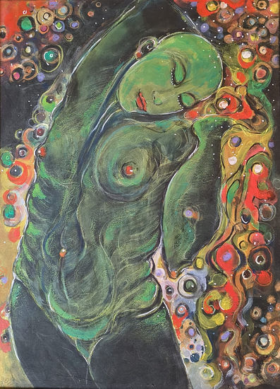Green lady Mixed media Canvas Figure Painting