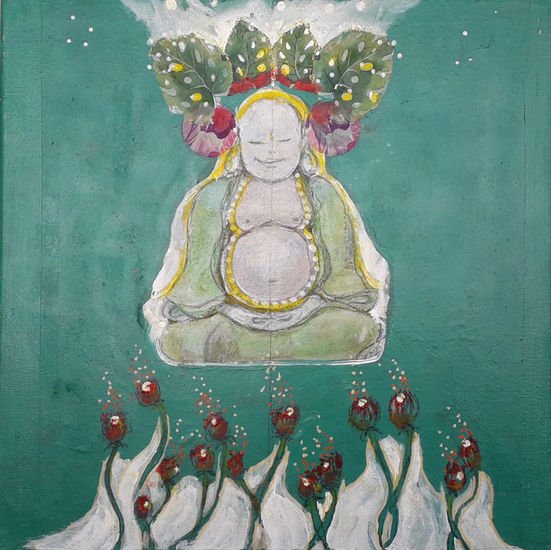 El buda verde Mixed media Canvas Figure Painting