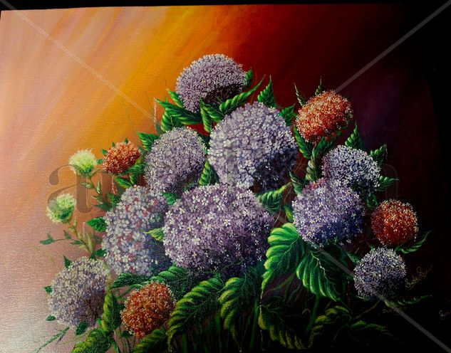 Flores de hortensia Acrylic Textile Still Life Paintings