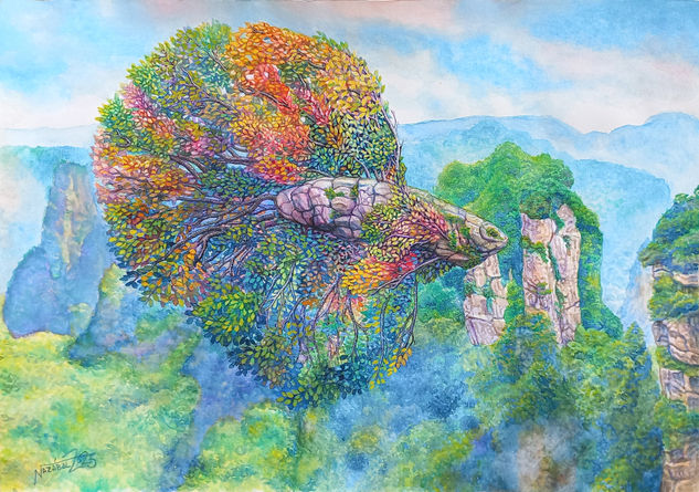 Pez Peleador Acuarela Cartulina Paisaje