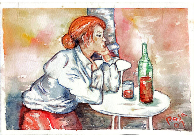 Pintura en Acuarela "La espera" - Escena de Café Figurativa Contemporánea Watercolour Paper Portrait