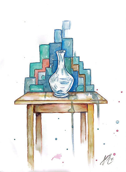 Acuarela Original "Transparencia Geométrica" - Arte Minimalista y Abstracto Acuarela Papel Bodegones