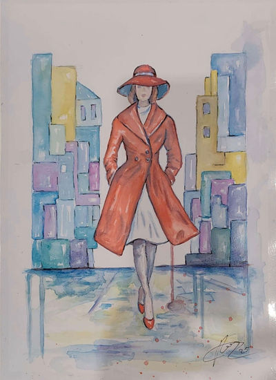 Pintura Abstracta y Figurativa "Transeúnte en la red" - Acuarela Original - Arte Contemporáneo y Geometría Urbana Acuarela Papel Figura