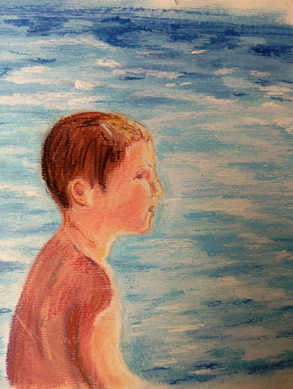 niño en la playa Pastel Paper Figure Painting