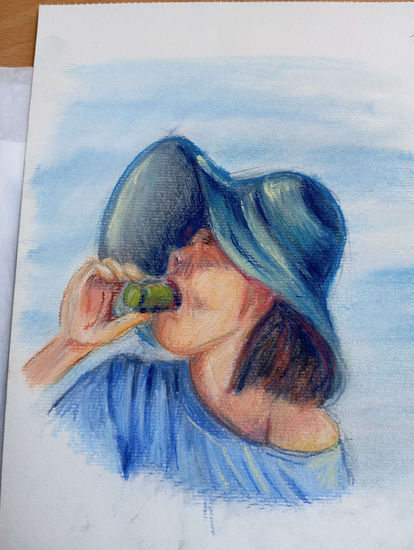 niña bebeiendo Pastel Paper Figure Painting