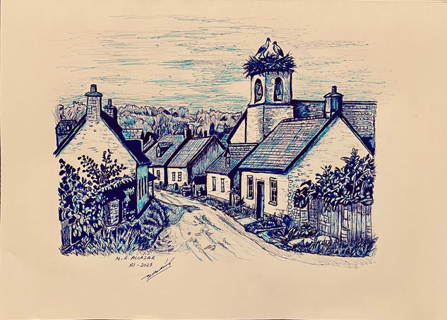 Pueblo y cigüeñas Tinta