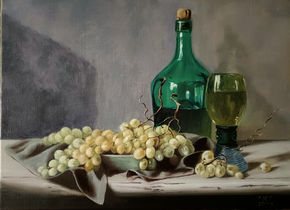 Garrafa, uvas y copa