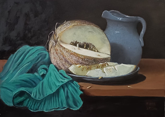Melón, jarra y trapo Óleo Tabla Bodegones