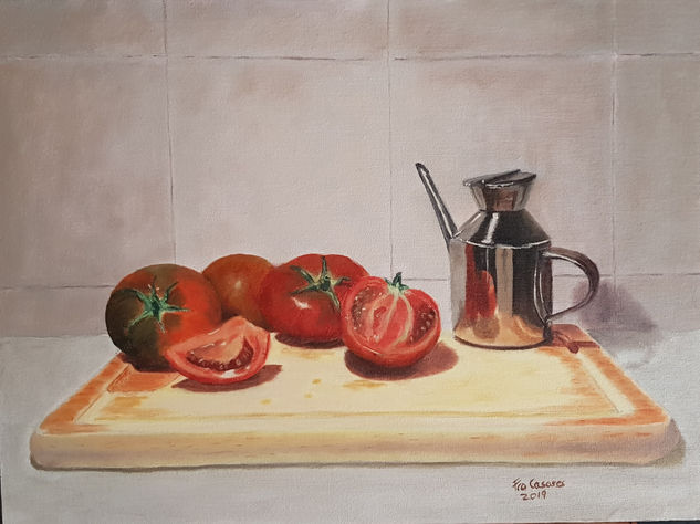 Tomates, tabla y aceitera Óleo Tabla Bodegones