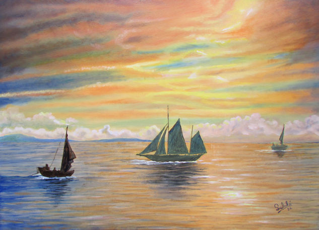 Veleros al atardecer. Óleo Lienzo Marina