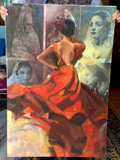Flamenca en roja Oil Panel Portrait
