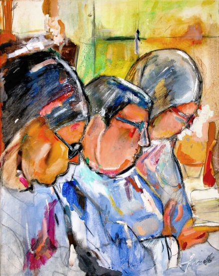 Monjas rezando el Padre Nuestro. Mixed media Canvas Figure Painting