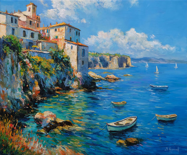 Mediterranean Coastal Village Óleo Lienzo Paisaje
