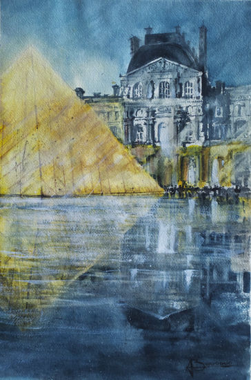 Louvre at Night Acuarela Papel Paisaje