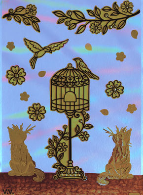 Gatos, pájaros y jaula