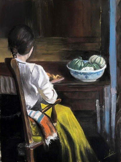 Bodegón con mujer sentada Pastel Lienzo Bodegones