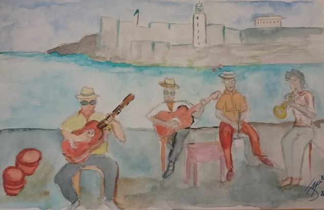 Canciones en el Malecon Watercolour Paper Figure Painting