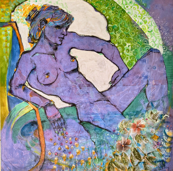 Lady in blue Mixed media Canvas Nude Paintings