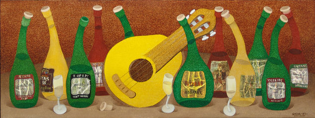 Botellas con guitarra Óleo Tabla Bodegones