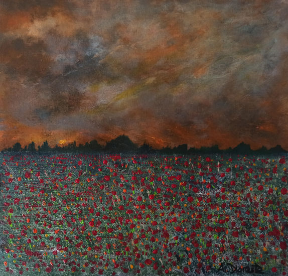 Campo de amapolas al atardecer Acrylic Paper Landscaping