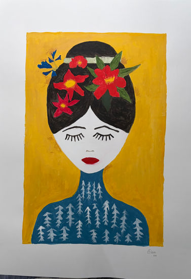 Chica con flores Acrylic Paper Figure Painting