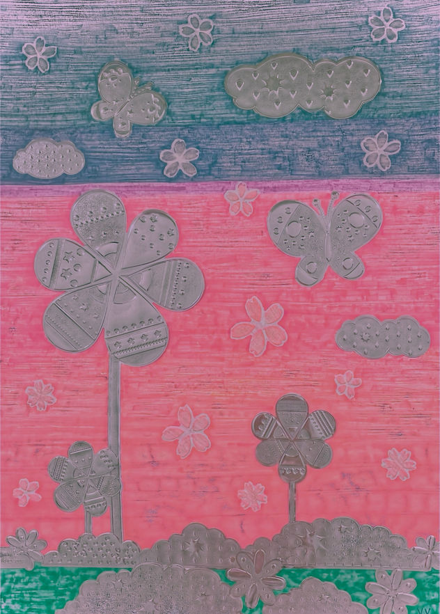 Flores, mariposas y nubes