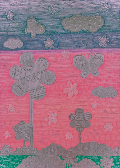 Flores, mariposas y nubes 