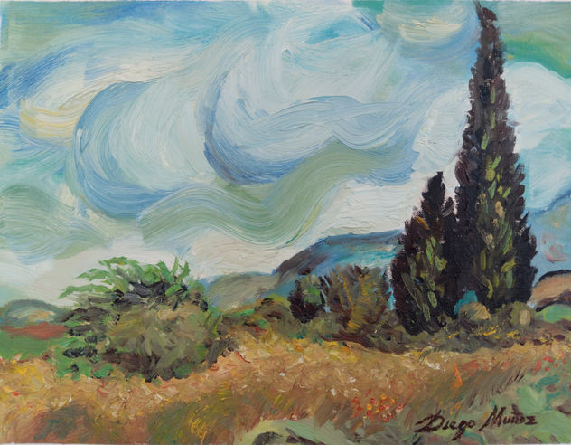 Campo de trigo con cipreses