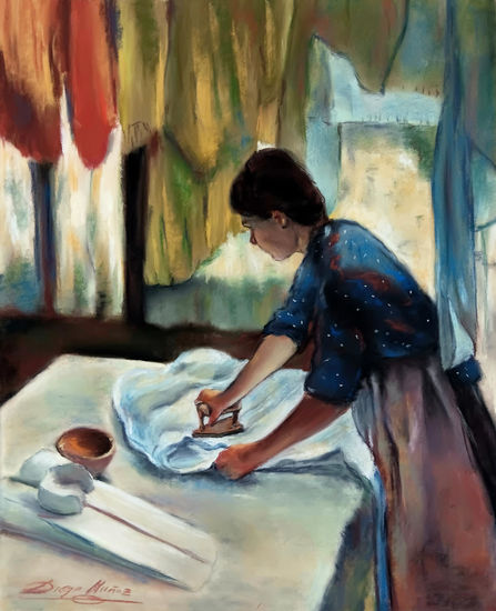Mujer planchando Pastel Paper Portrait