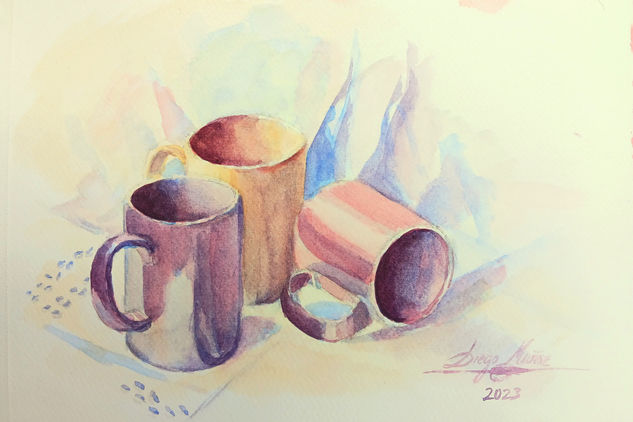Tres tazas Acuarela Papel Bodegones