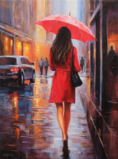Rainy Cityscape Oil Canvas Landscaping