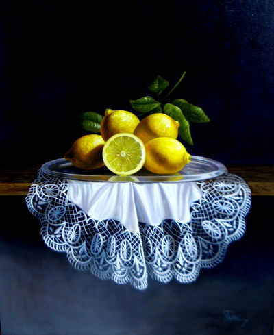 Mantel con limones Óleo Lienzo Bodegones