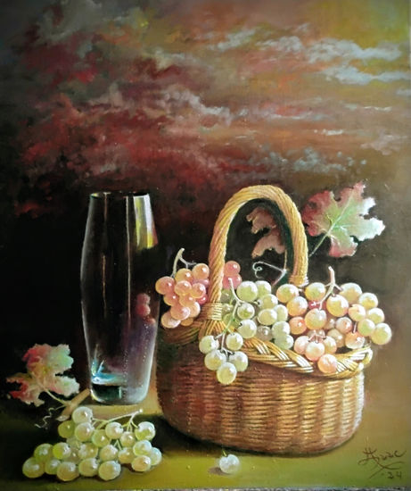 Cesta con uvas blancas Oil Canvas Still Life Paintings