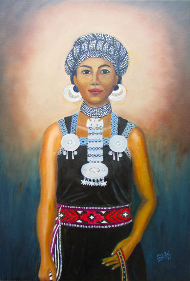 "Domo" Mapuche. Oil Textile Figure Painting