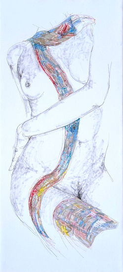 LADY WITH A SCARF Pencil (coloured) Canvas Nude Paintings